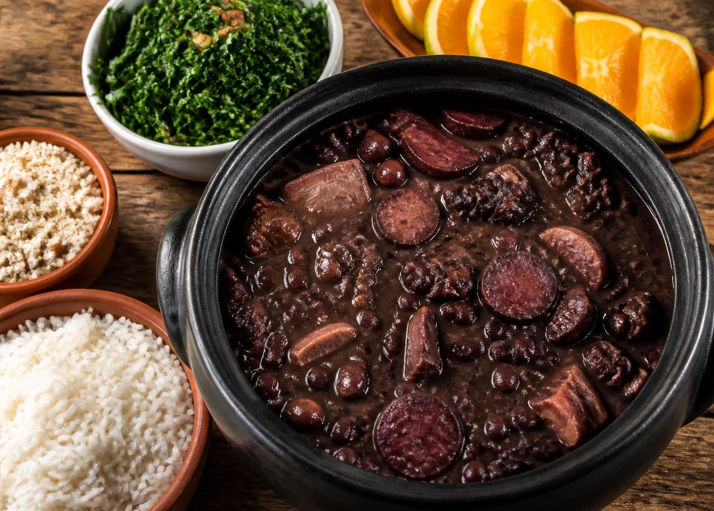 Feijoada servida na panela de barro com arroz, couve, farofa e laranja