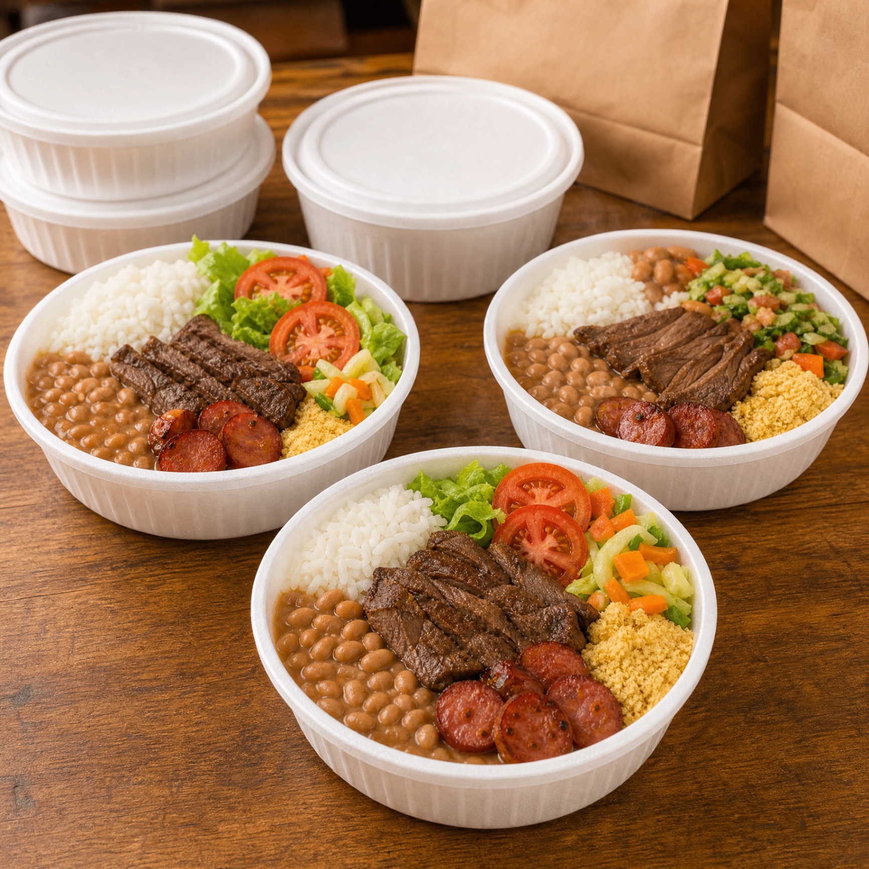 Marmitex do Restaurante Fantástico com arroz, feijão, carne, linguiça e salada